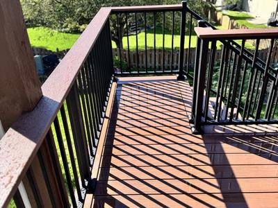 Corner detail where stairs meet deck platform