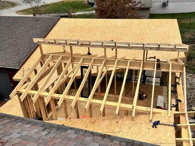 Aerial view of residential roof framing