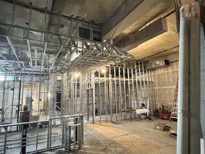 Commercial steel stud framing with soffits