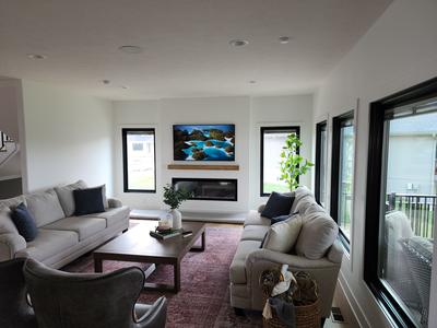 Modern living room with linear fireplace