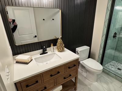 Bathroom with black beadboard and green hex shower