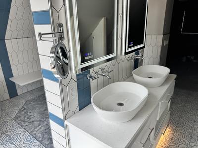 Dual vessel sinks with LED backlit mirrors