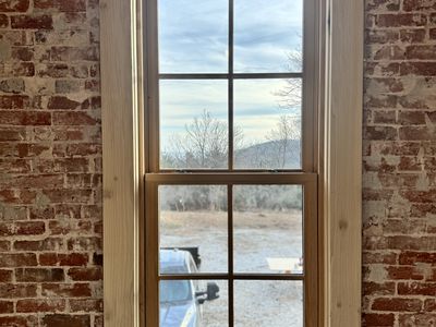 Classic window trim detail in brick commercial space